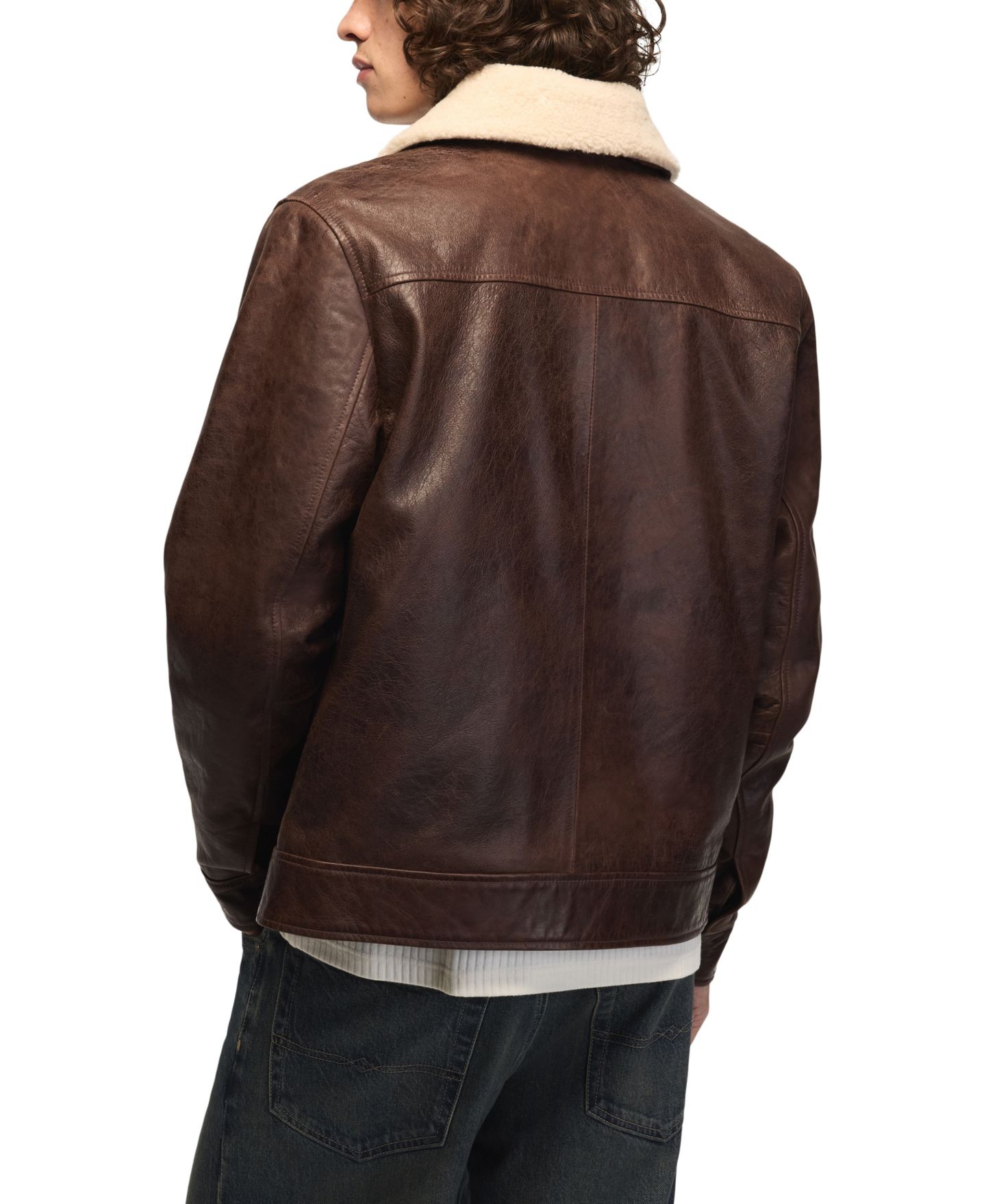 Мужская куртка Lucky Brand Aviator Faux Shearling Collar Regular-Fit Leather, цвет: Коричневый — фото 6