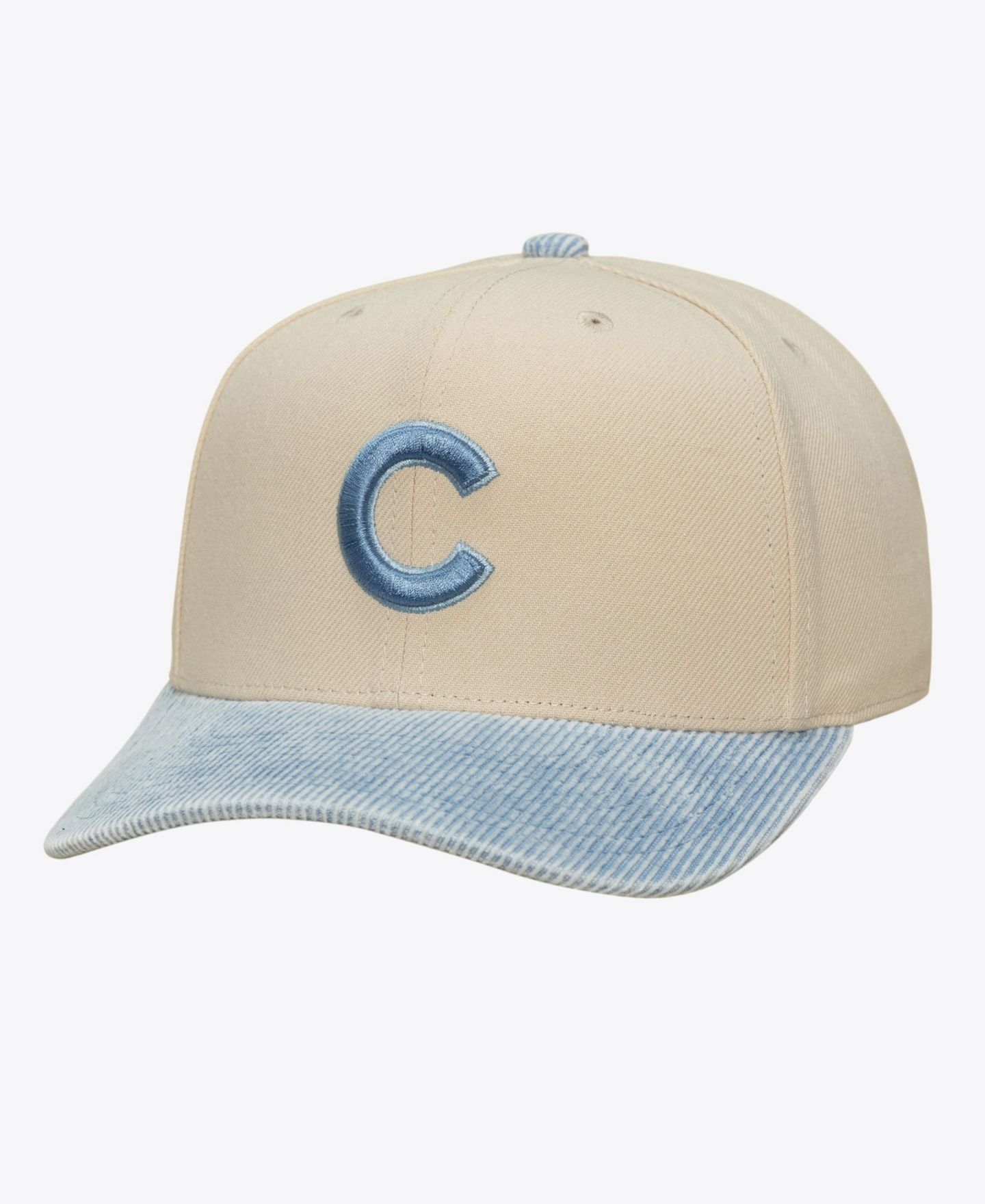 Мужская кепка Mitchell & Ness Cream/Light Blue Chicago Cubs Washed Corduroy Pro Crown Snapback Hat — фото 1