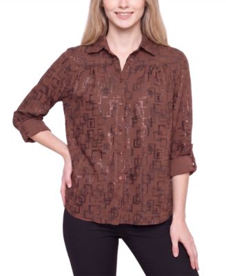 Women's 3/4 Roll-Tab Sleeve Collared Button-Up Blouse