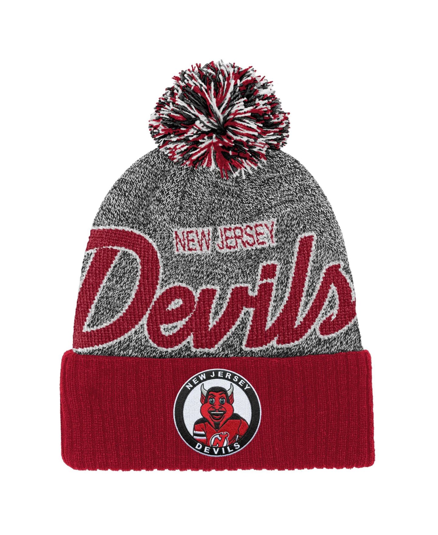 Детские головные уборы Mitchell & Ness Big Boys and Girls Red/Gray New Jersey Devils Mascot Cuffed Knit Hat with Pom — фото 1
