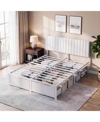 Modern Bed Frame, Heavy Duty Metal Platform Bed with Upholstered Headboard, Under-bed Storage Drawers