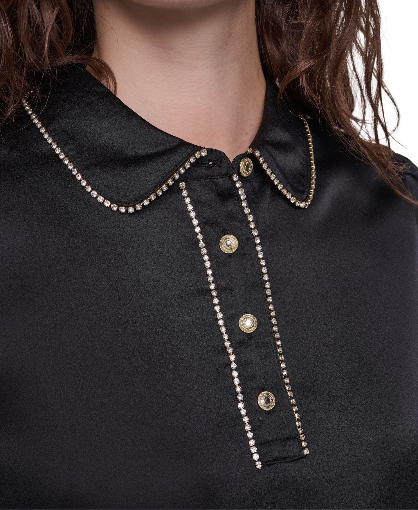 Женская блузка KARL LAGERFELD PARIS Short-Sleeve Satin Crystal-Embellished Collared, цвет: Чёрный — фото 5