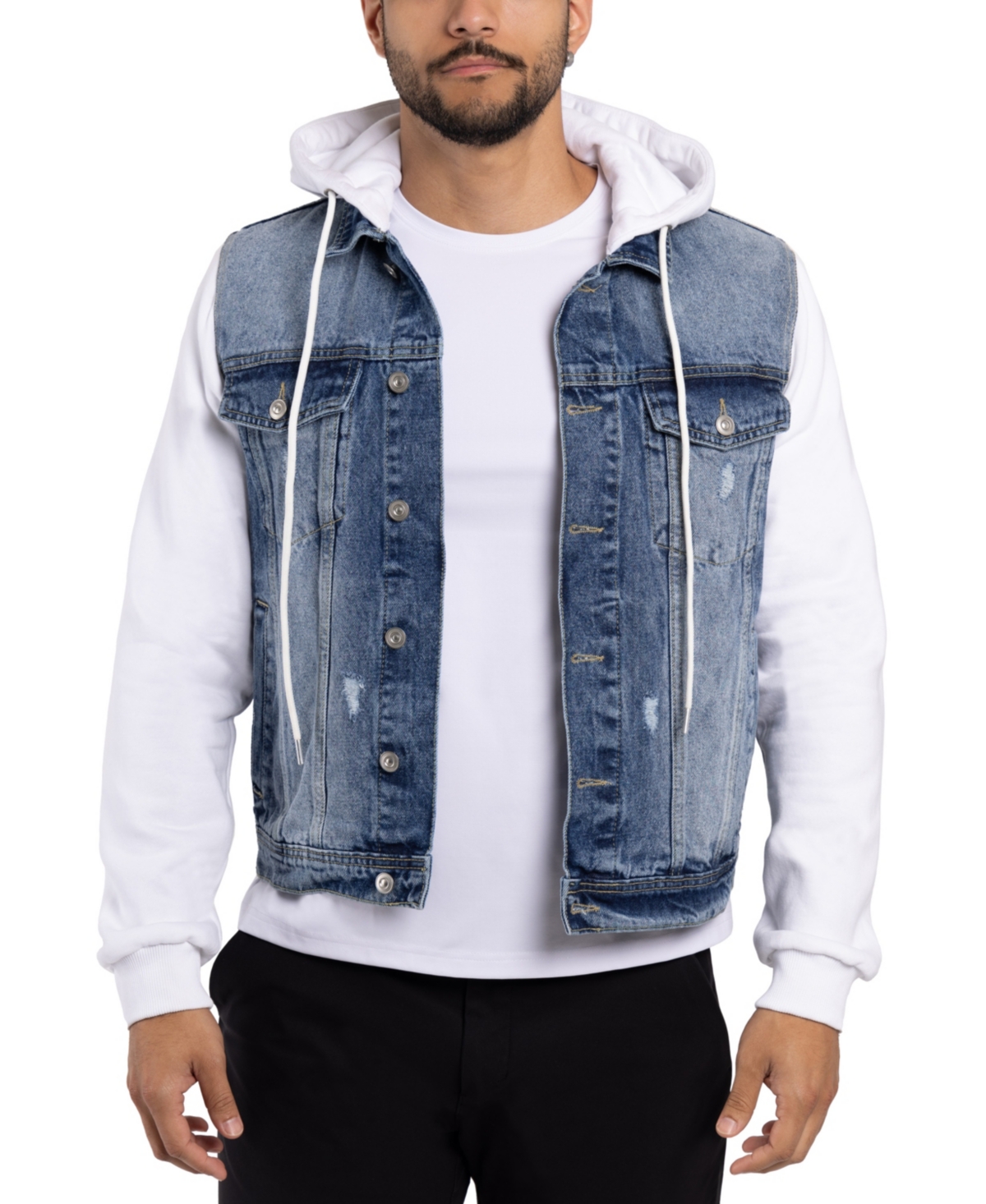 Men's Hooded Sweatshirt Denim Jacket - Med blue
