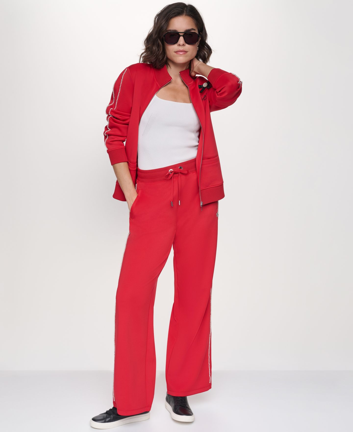 Женская куртка KARL LAGERFELD PARIS Pin and Bow Imitation Pearl-Trim Zip-Up, цвет: Красный — фото 8