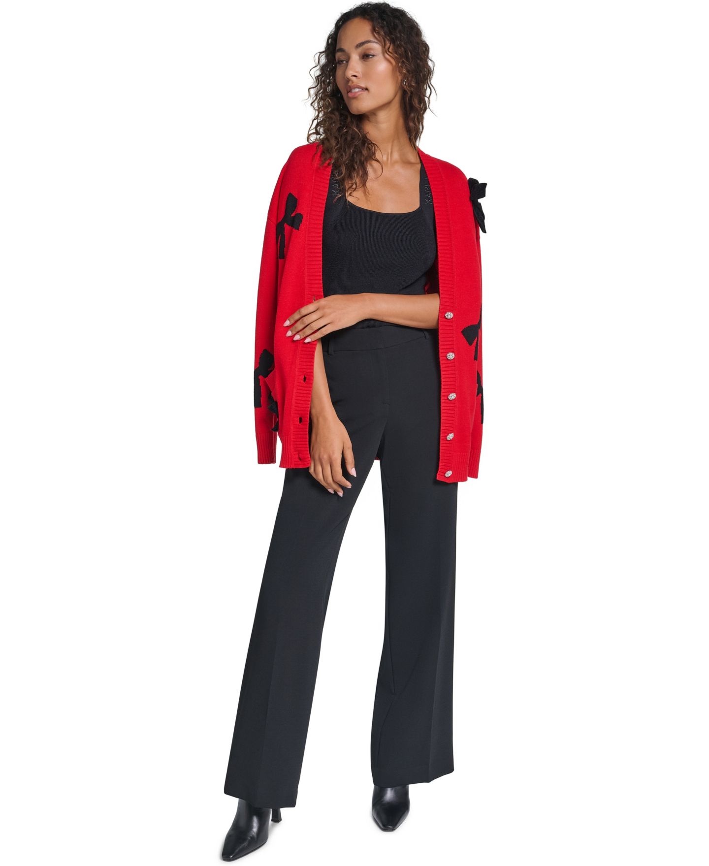 Женский кардиган KARL LAGERFELD PARIS Bow Long-Sleeve V-Neck, цвет: Красный / Чёрный — фото 3