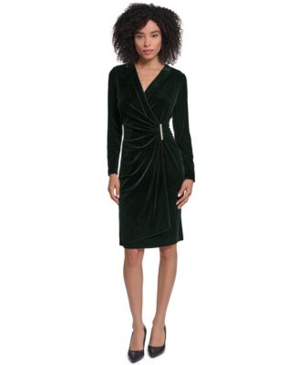 Women's Velvet Faux-Wrap Imitation Pearl-Trim Dress