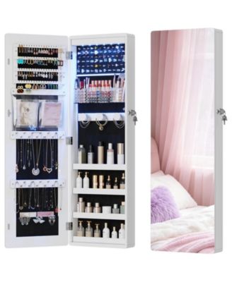 42.5" Jewelry Armoire with LED Lights, Arch Full-Length Mirror, Wall or Door Mounted Jewelry Cabinet