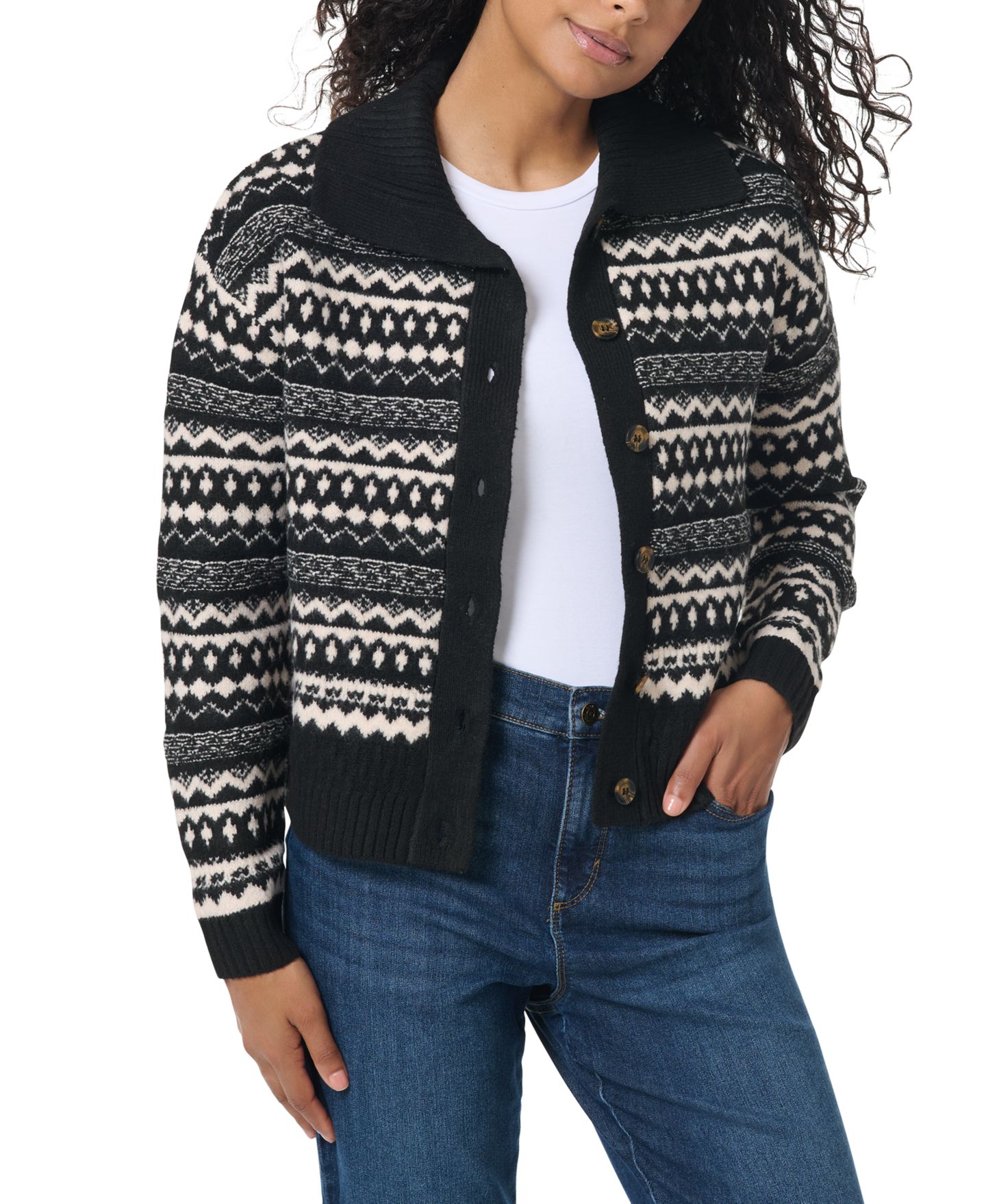 Женский кардиган Gloria Vanderbilt Fair Isle Sweater Cardigan, цвет: Чёрный белый комбинированный — фото 3