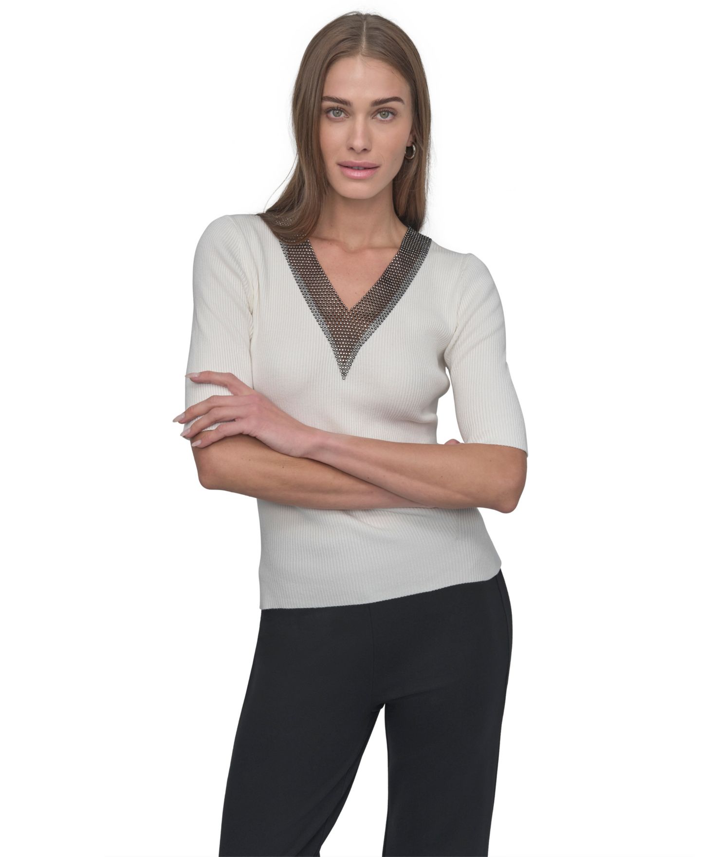 Женский свитер DKNY Crystal V-Neck Cable-Knit Embellished Pullover, цвет: Слоновая кость — фото 1