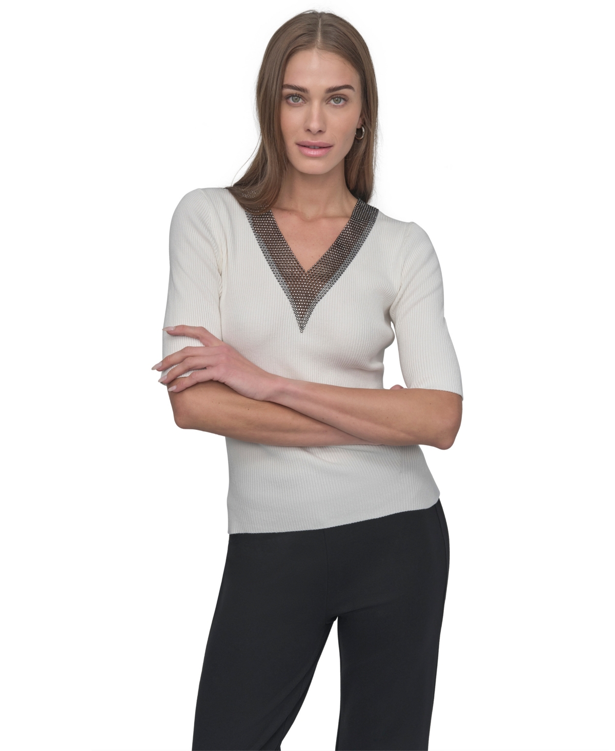 Dkny Women's Crystal V-Neck Cable-Knit Embellished Pullover Sweater