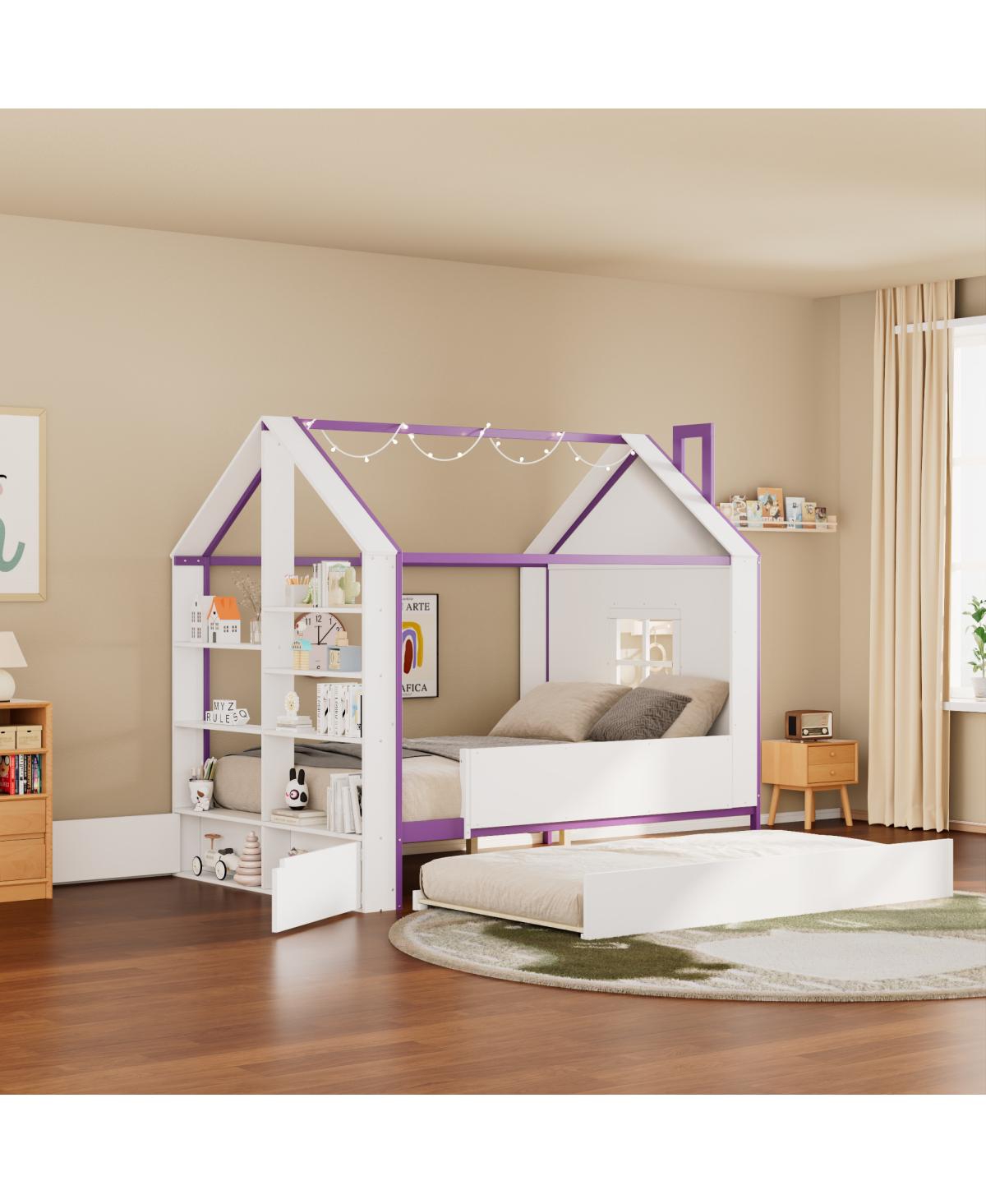 Streamdale Furniture Full Size House Bed with Trundle, Storage and Led Lights - White+purple