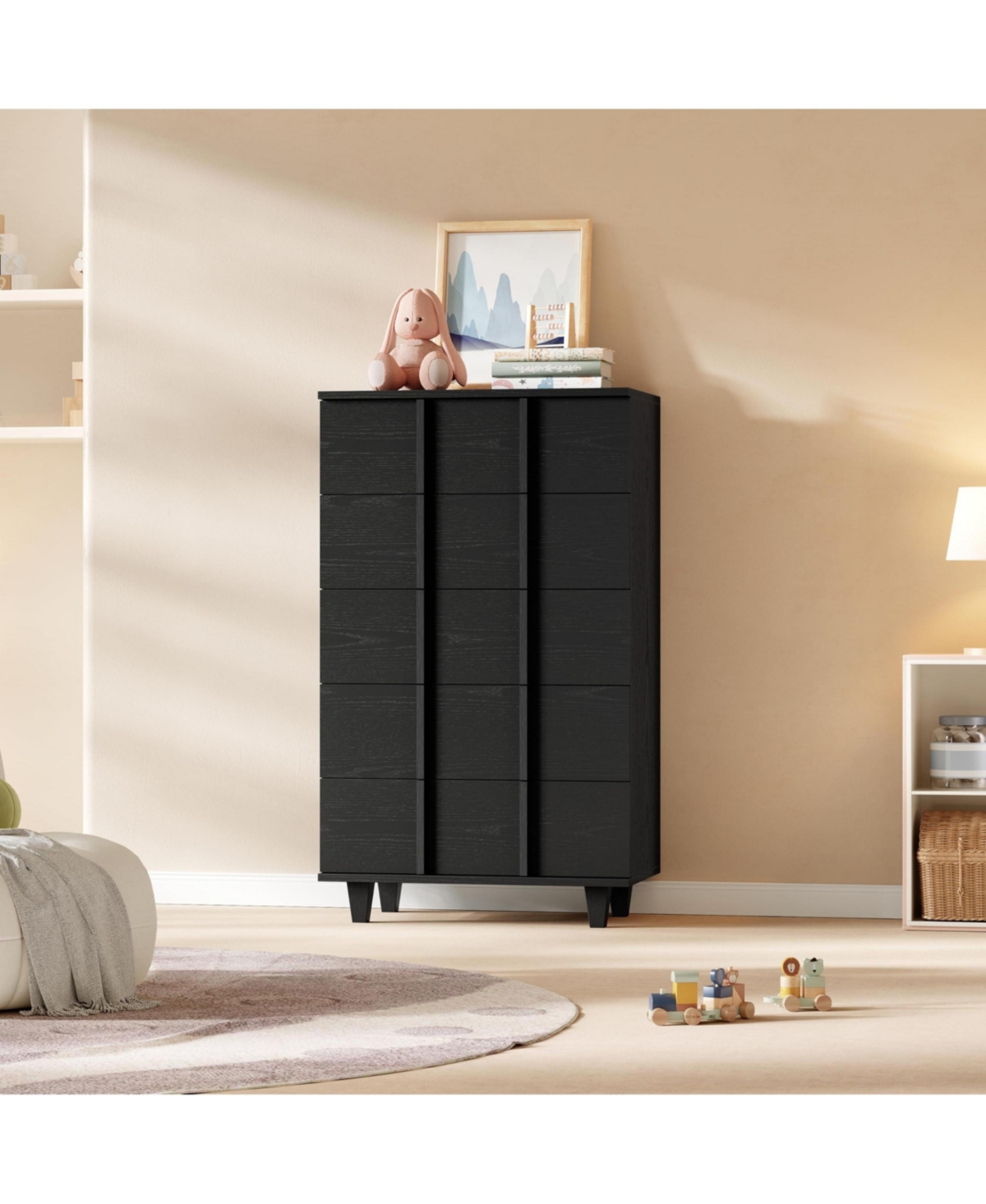 Modern 5 Drawer Tall Dresser Chest, Sleek Fluted Front Panels, Space Saving Clothing Storage Cabinet Designed For Compact Bedroom