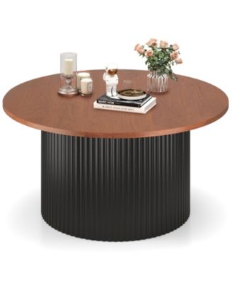 Round Coffee Table with Solid Wood Frame and Wooden Top
