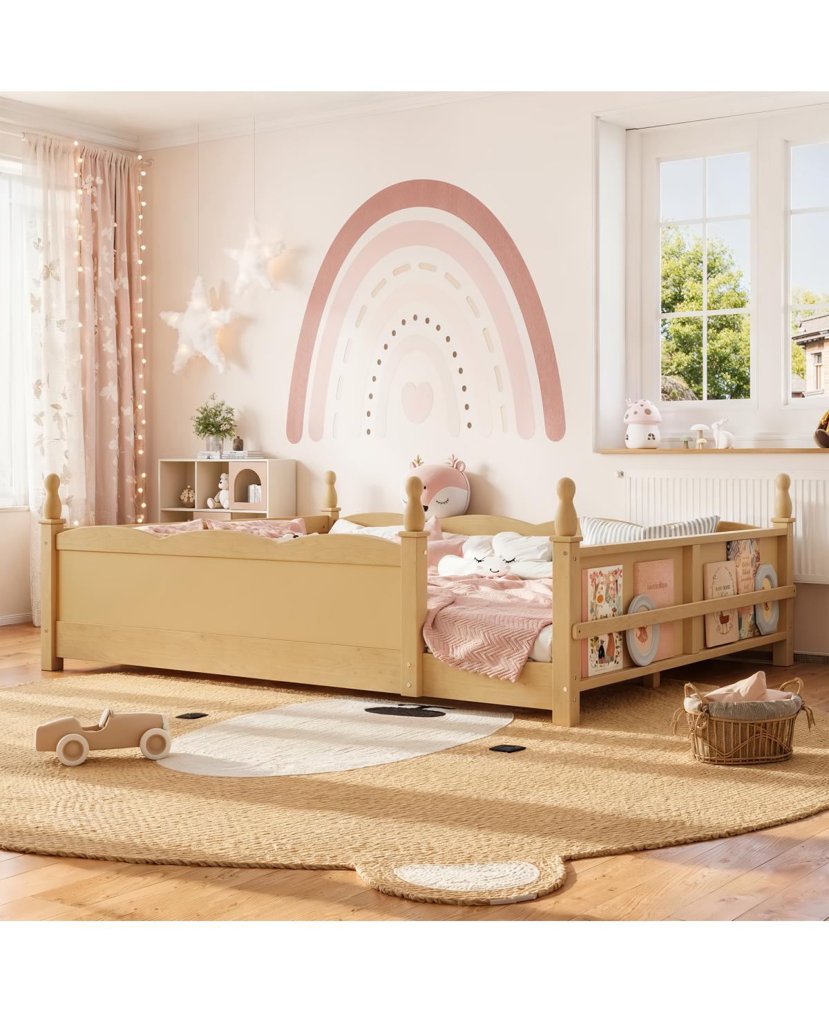 Streamdale Furniture Queen Montessori Floor Bed with Guardrails, Bookshelf