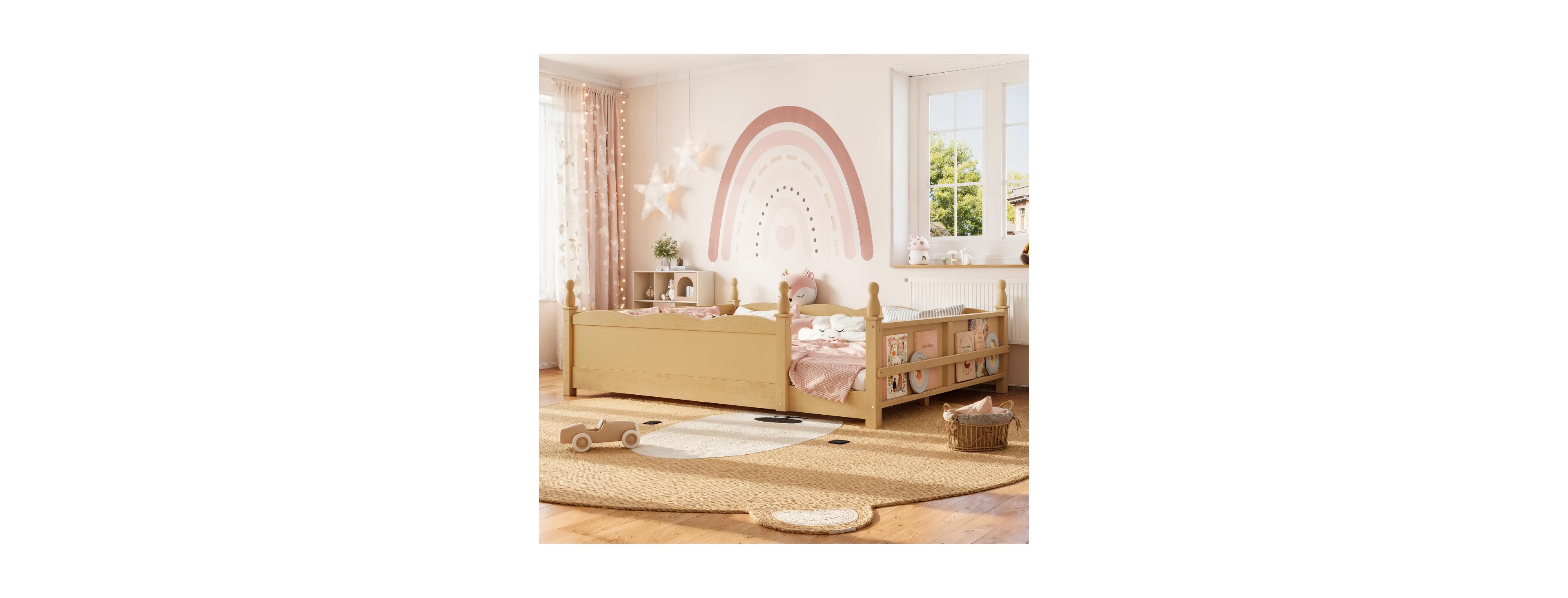 Streamdale Furniture Queen Montessori Floor Bed with Guardrails, Bookshelf
