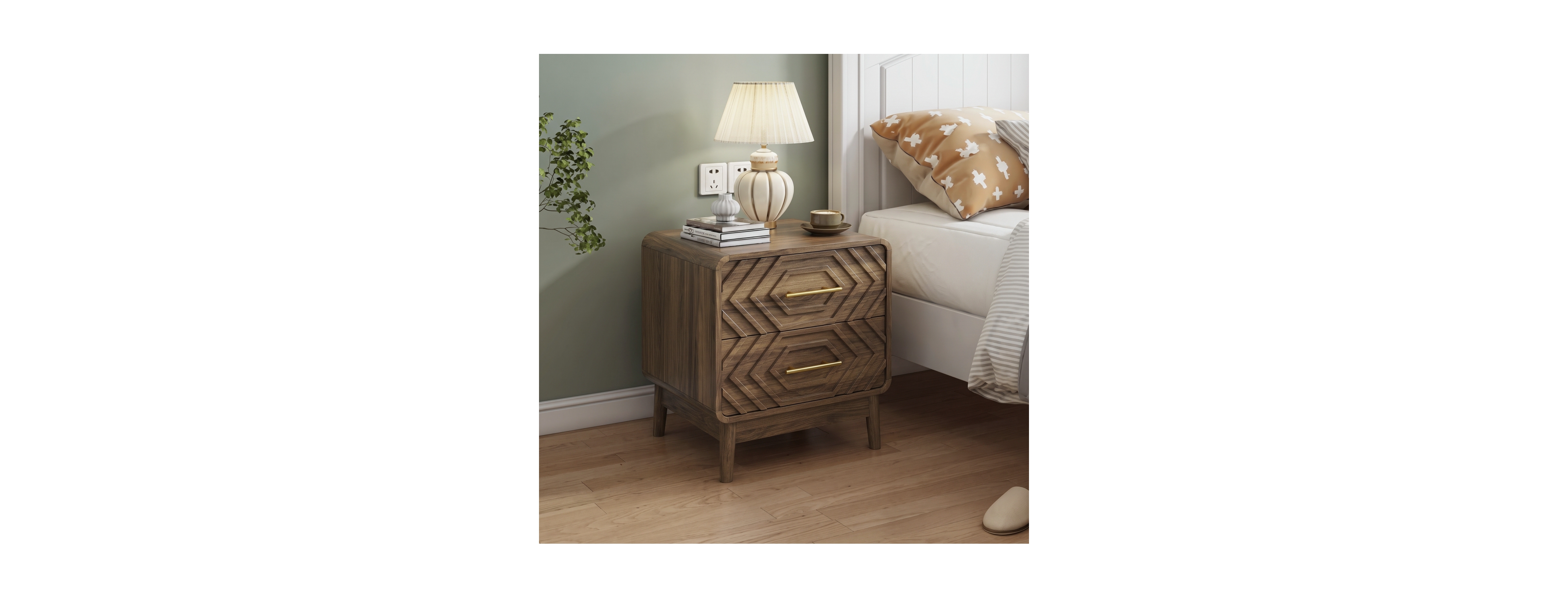Streamdale Furniture Walnut Wood 2 Drawer Bedside Table with Handles