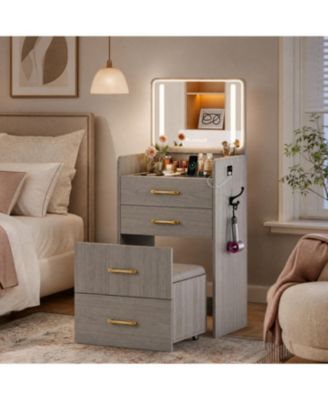 Mini Dressing Table Vanity Set 3 in 1 Integrated Makeup Desk with Flip Top LED Mirror and Storage Chair for Bedroom Apartment Dormitory