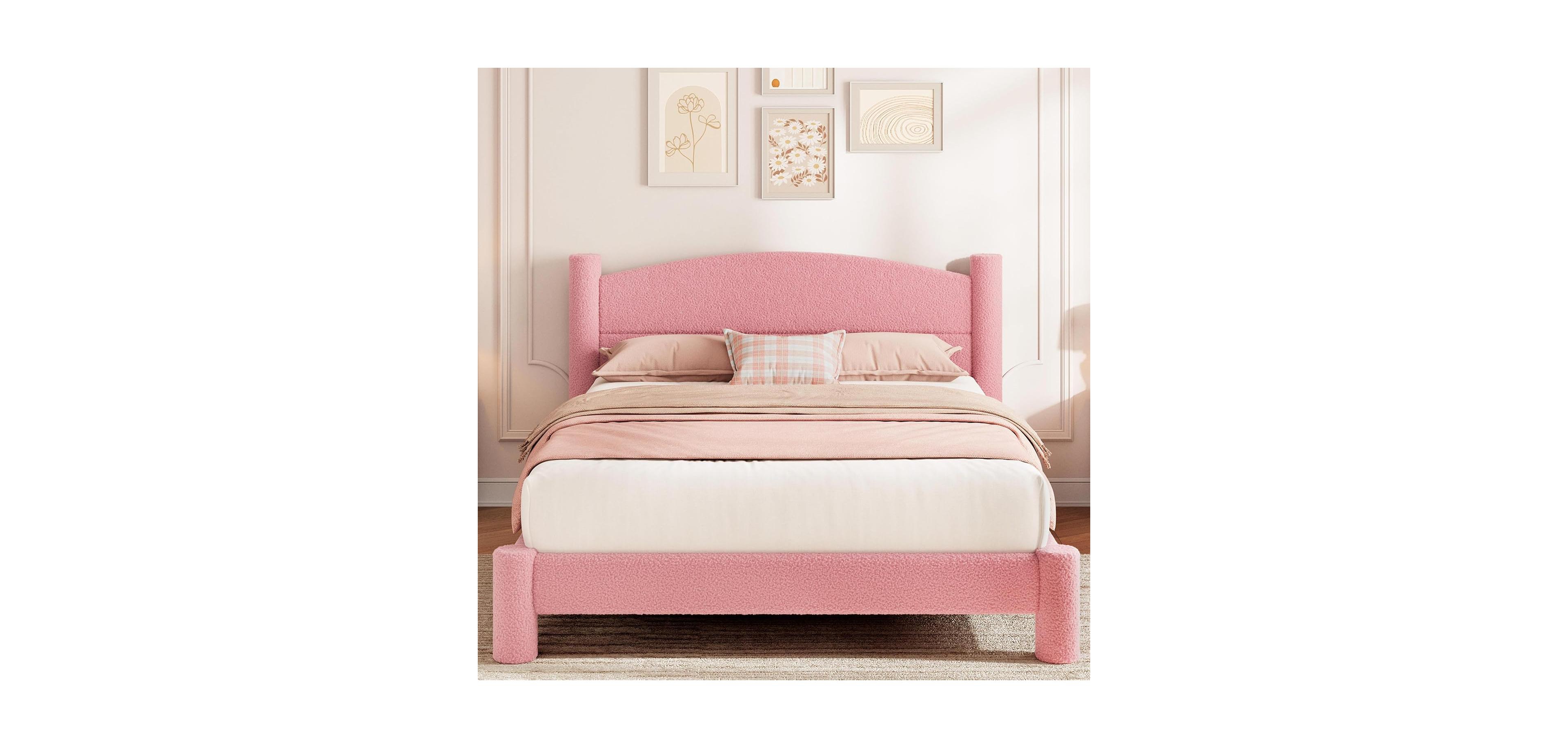 homfan Full Cloud Boucle Bed – Round Headboard and Cylindrical Legs, Noise-Free, No Box Spring