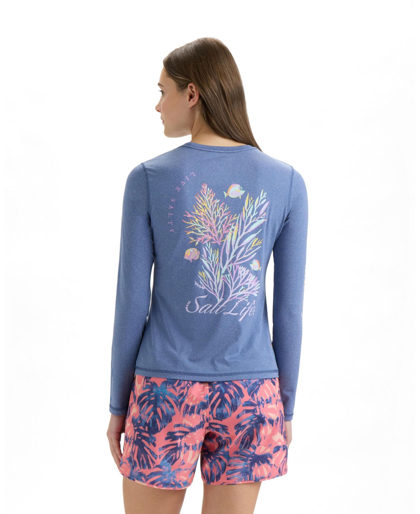 Женская футболка Salt Life Reef Performance Long Sleeve, цвет: Индиго меланжевый — фото 2