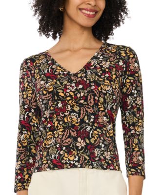 Women's Floral-Print V-Neck 3/4 Sleeve T-Shirt