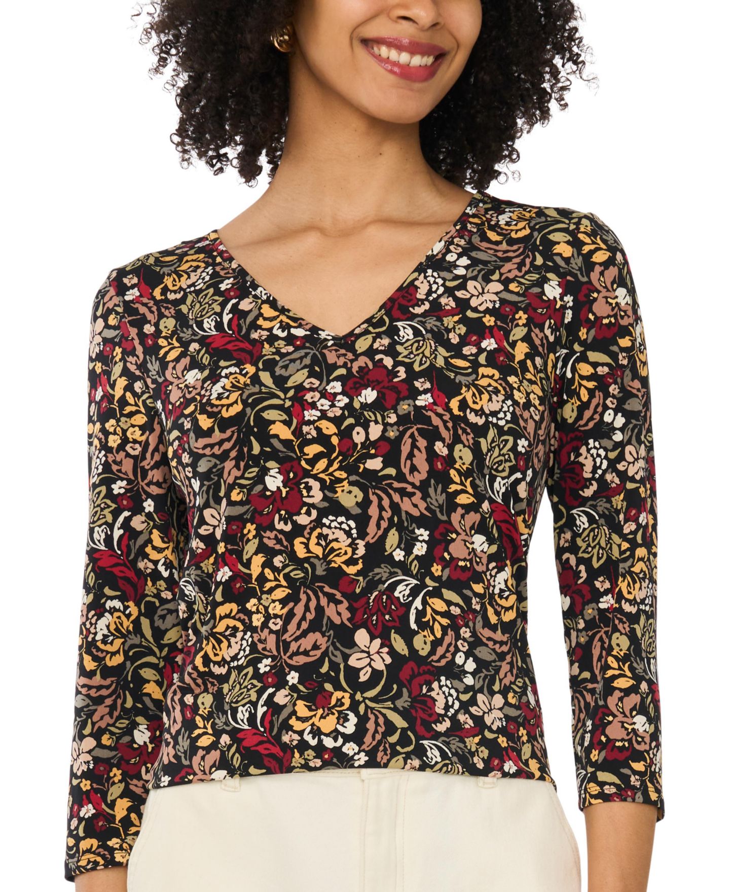 Женская футболка Vince Camuto Floral-Print V-Neck 3/4 Sleeve, цвет: Красный — фото 1