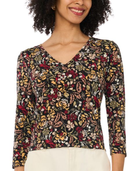 Женская футболка Vince Camuto Floral-Print V-Neck 3/4 Sleeve, цвет: Красный