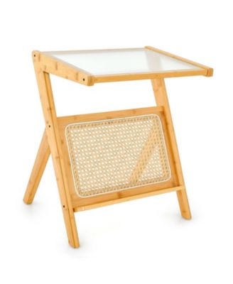 Boho End Table with Magazine Rack and Tempered Glass Top