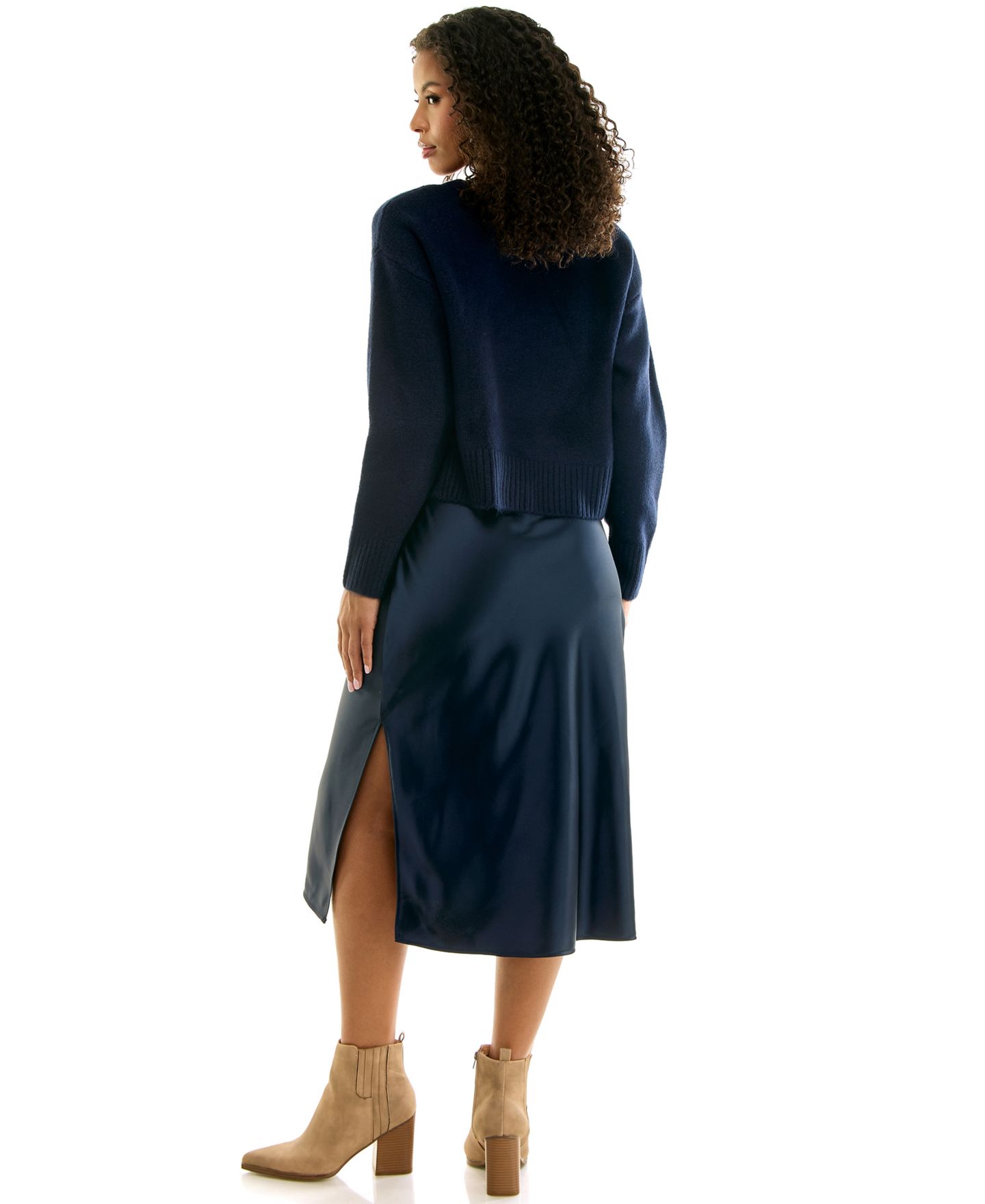 INVITEE Juniors' 2-Piece Satin Midi Slip & Pullover Sweater Set, цвет: Тёмно-синий — фото 7