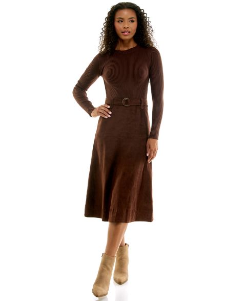 Женское платье INVITEE Juniors' Mock Neck Long-Sleeve A-Line Sweater Dress with Suede Skirt, цвет: Шоколадный