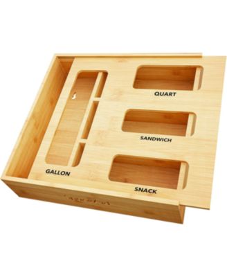 Bamboo Bag Storage Organizer for Kitchen Drawer, Food Storage Bag Holder Box with 4 Slots, Compatible with Gallon/Quart/Sandwich/Snack Bags