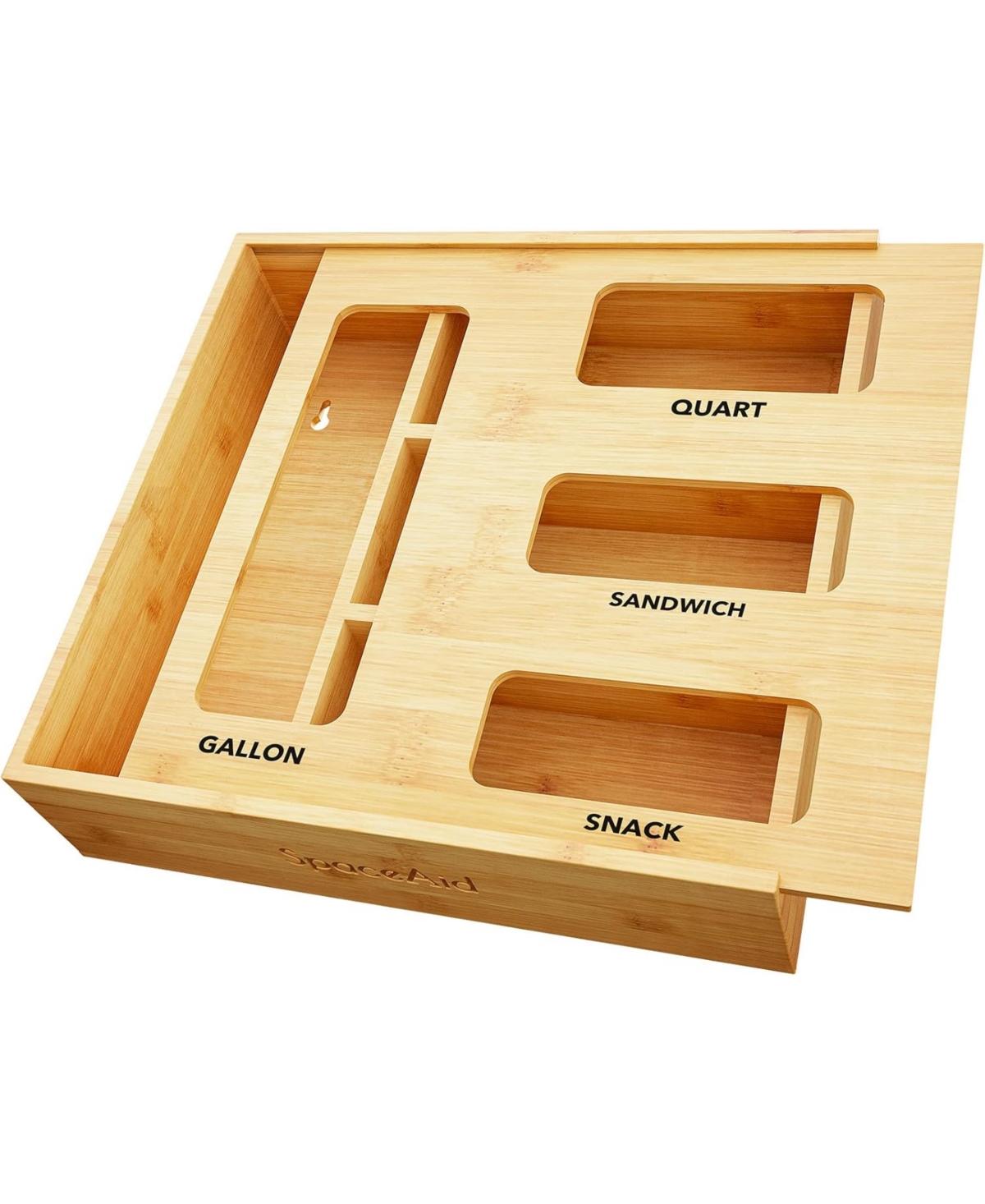 SpaceAid Bamboo Bag Storage Organizer for Kitchen Drawer, Food Storage Bag Holder Box with 4 Slots, Compatible with Gallon/Quart/Sandwich/Snack Bags