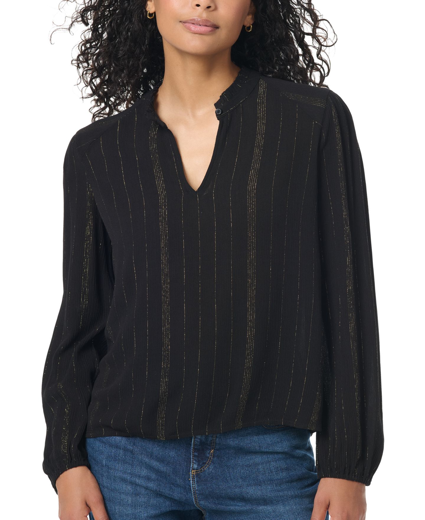 Женская блузка Gloria Vanderbilt Ruffle Collar Peasant Long-Sleeve, цвет: Чёрный полосатый — фото 2