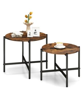 Round Coffee Table Set of 2 with Heavy Duty Metal Frame Rustic