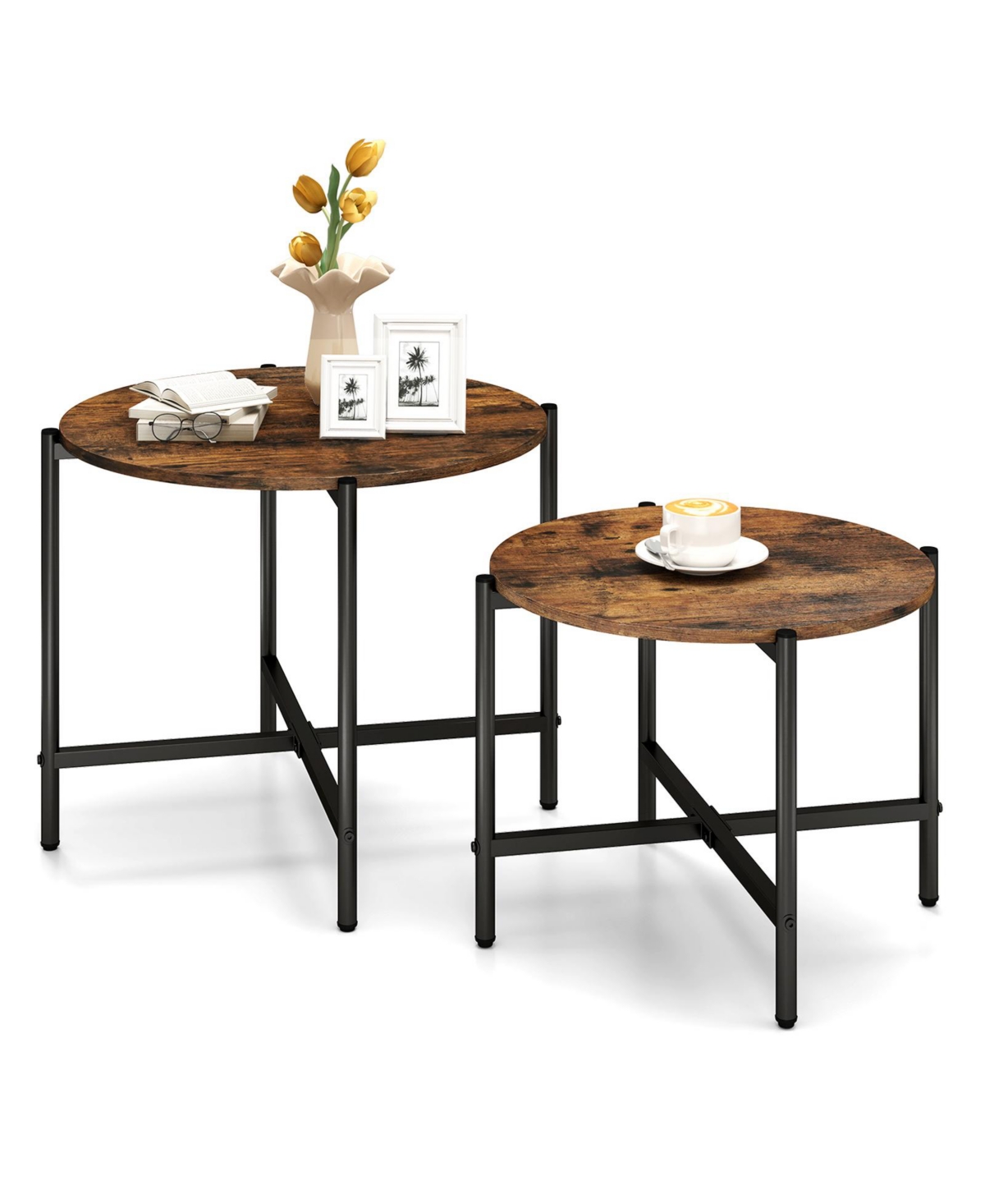 Mecale Round Coffee Table Set of 2 with Heavy Duty Metal Frame Rustic