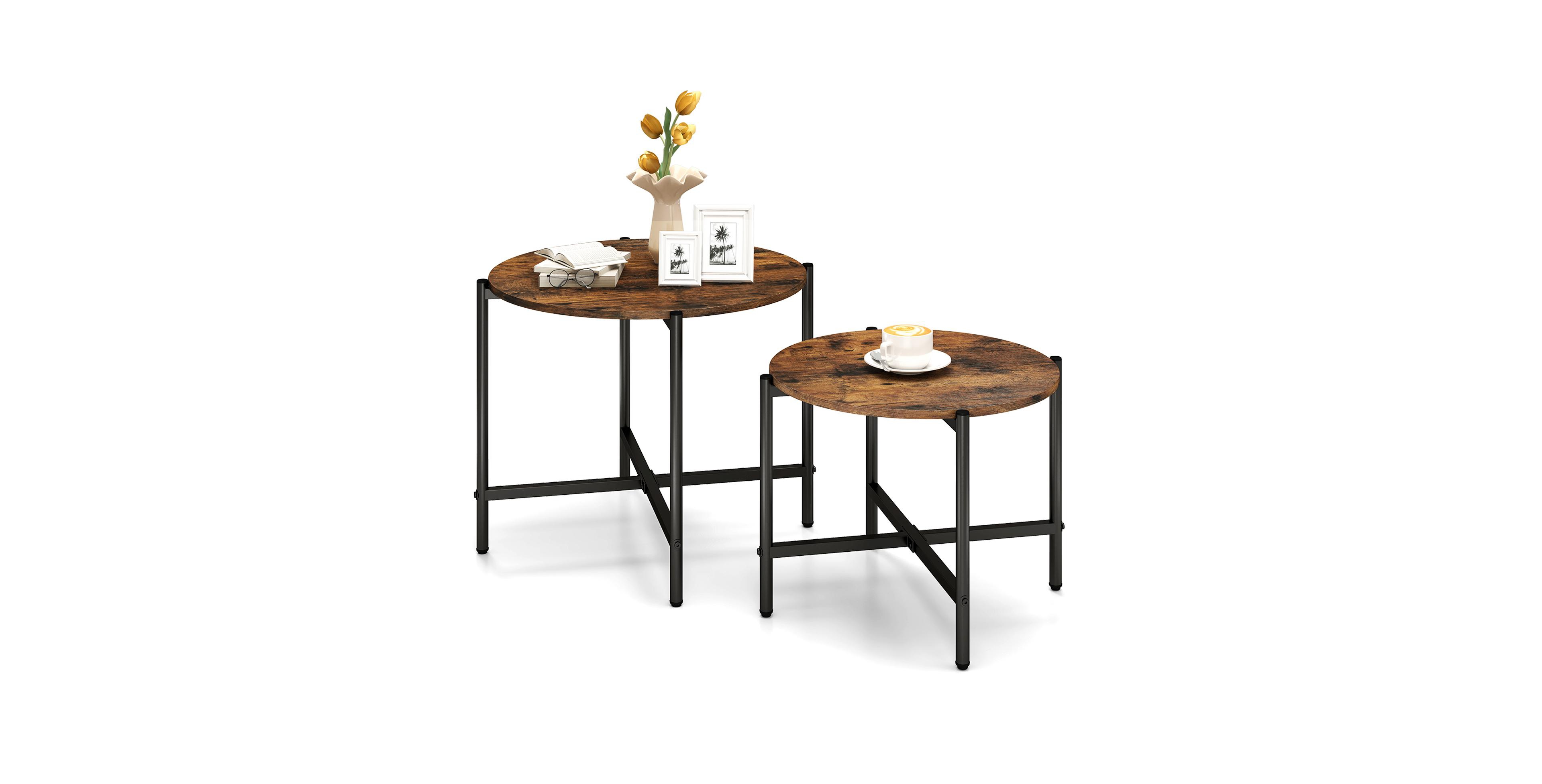 Mecale Round Coffee Table Set of 2 with Heavy Duty Metal Frame Rustic