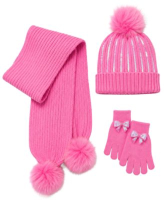 Girls' Bow Sequin Cold-Weather Pom-Pom Hat, Scarf, and Gloves, 3-Piece Set