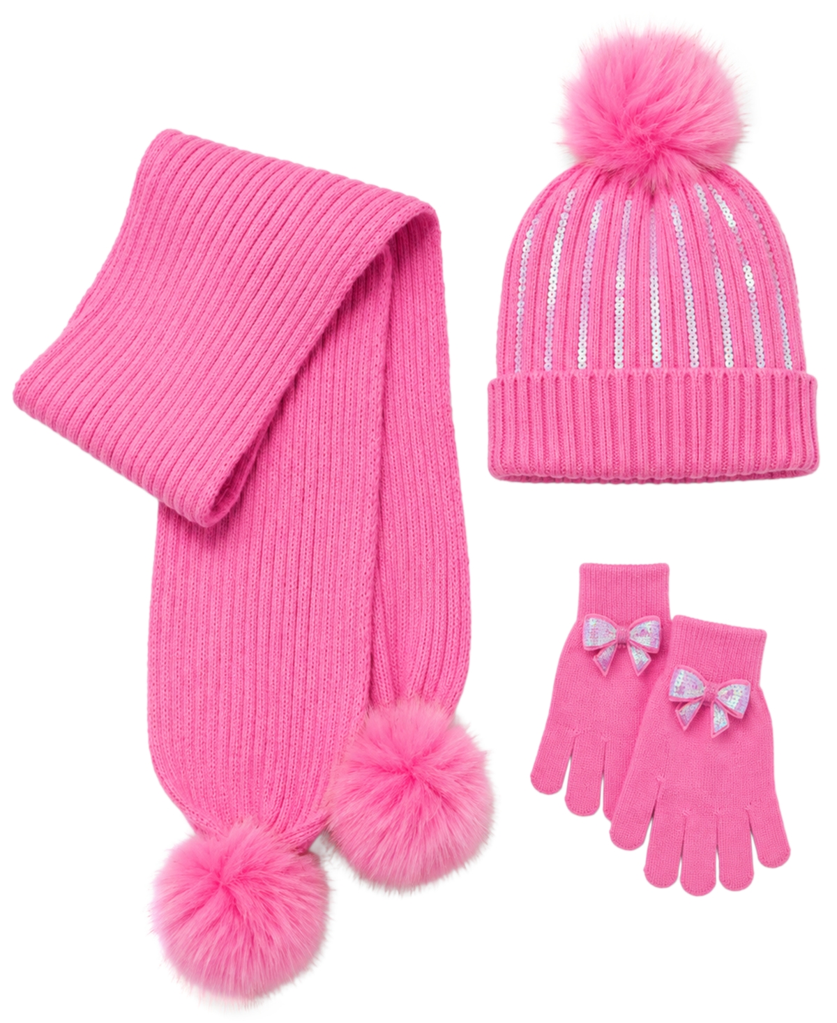 Rainbow Sugar Girls' Bow Sequin Cold-Weather Pom-Pom Hat, Scarf, and Gloves, 3-Piece Set - Hot Pink