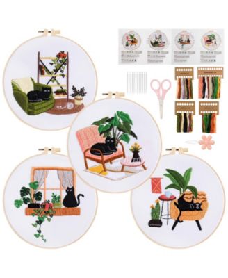 4 Sets Beginner Cat Embroidery Kit With Stamped Patterns and Tools