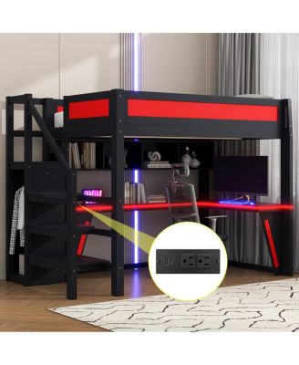 Full Size Loft Bed with Desk, Wardrobe, LED and USB