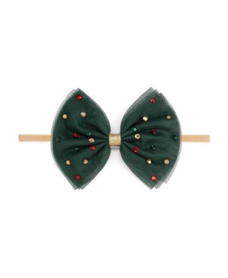 Baby Girls Emerald Rhinestone Christmas Tulle Bow Baby Headband