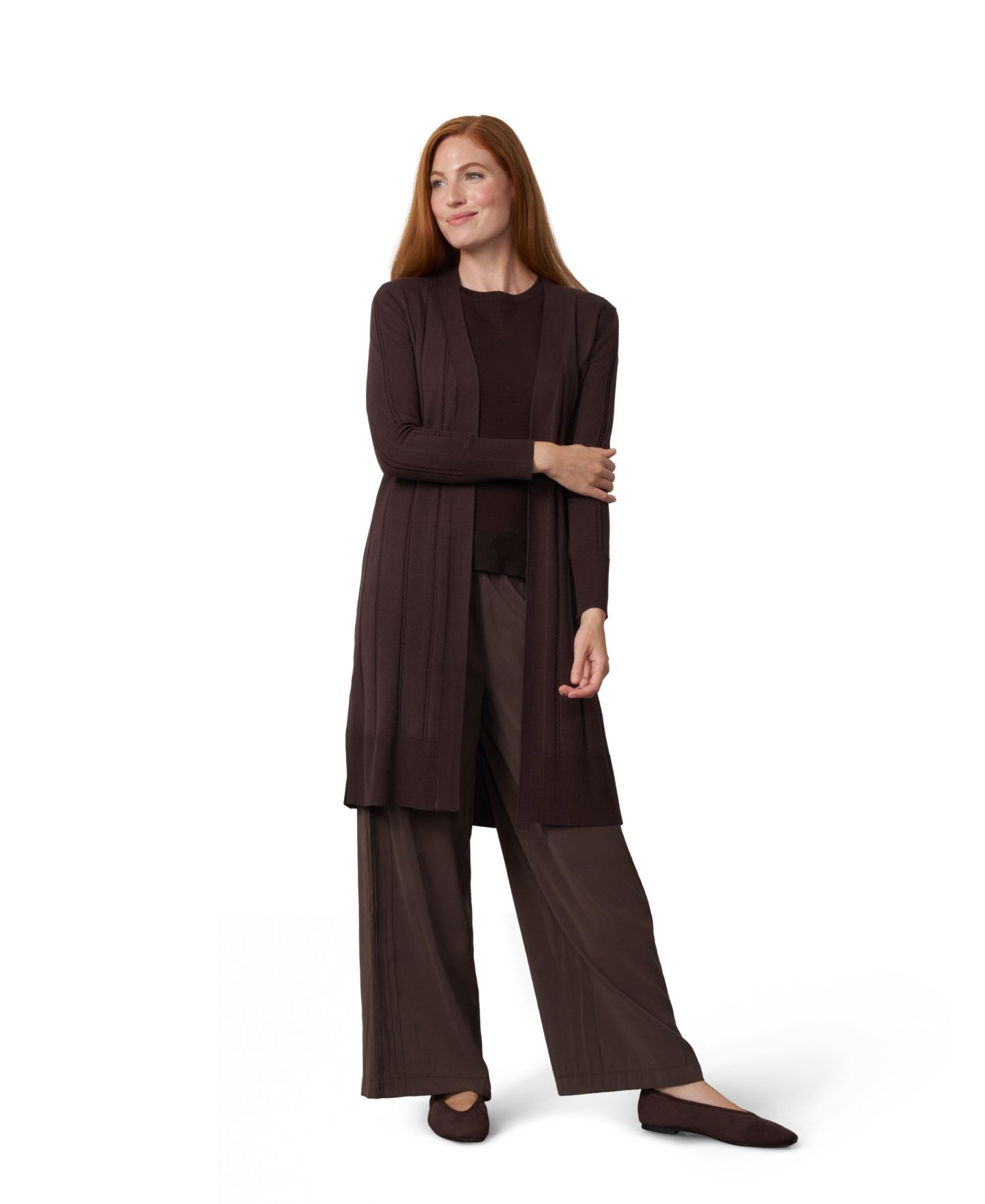 Женский кардиган Cable & Gauge Cable-Knit Longline Open-Front Duster, цвет: Шоколадный — фото 5