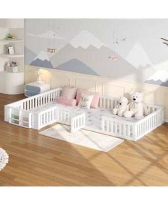 Twin and Full L Shaped Floor Bed with Bookcase and Safety Gate
