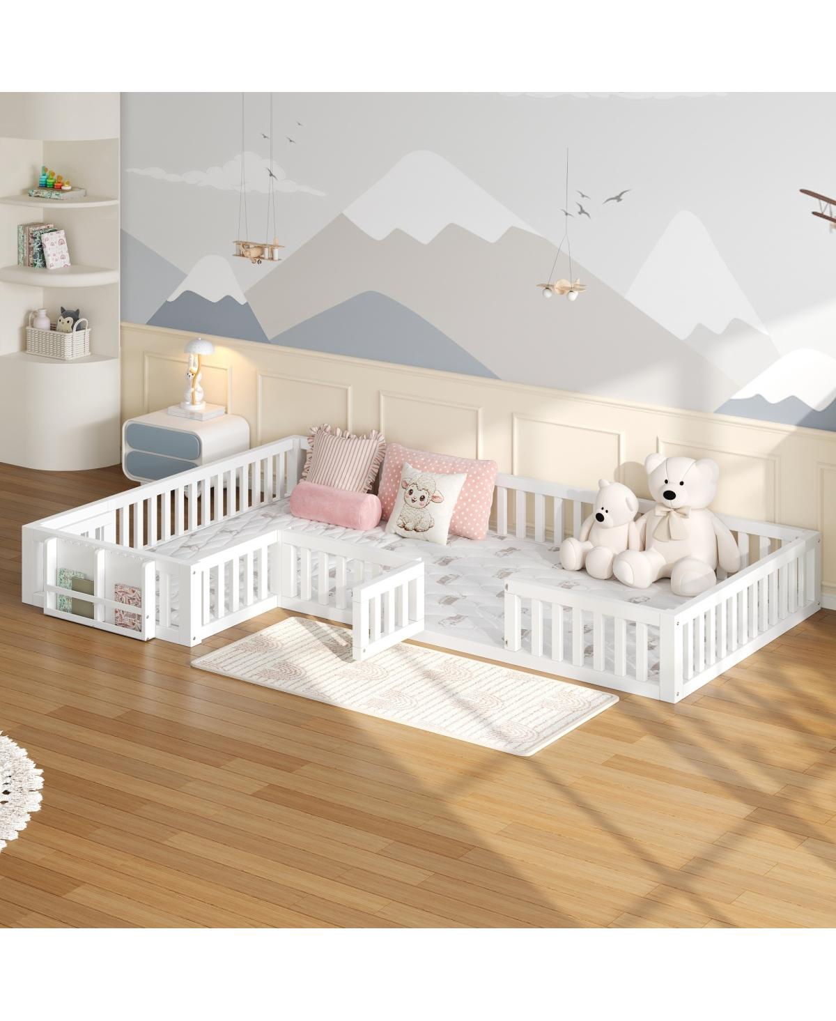 Streamdale Furniture Twin and Full L Shaped Floor Bed with Bookcase and Safety Gate - White