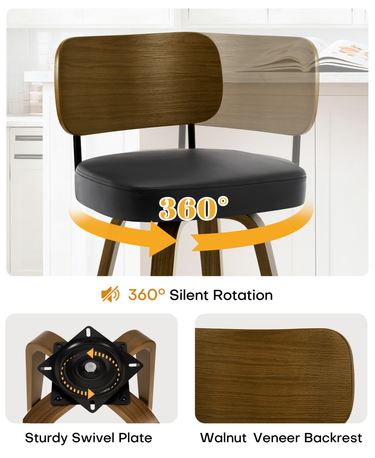 Bekrvio 26" Swivel Bar Stool, Faux Leather with Bentwood Frame and Footrest, Counter Height for Kitchen Island