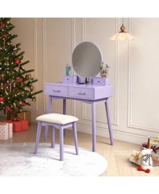 Contemporary Purple Wood Vanity and Stool Set, Round Mirror, Rubberwood Frame, 32.68"W
