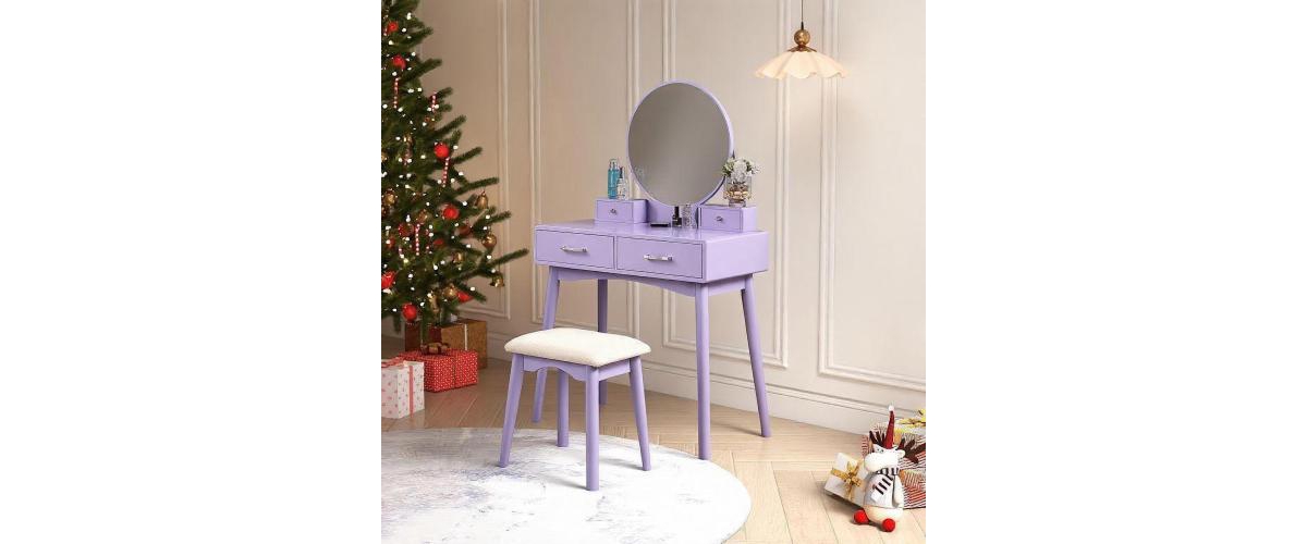 Flynama Contemporary Purple Wood Vanity and Stool Set, Round Mirror, Rubberwood Frame, 32.68"W