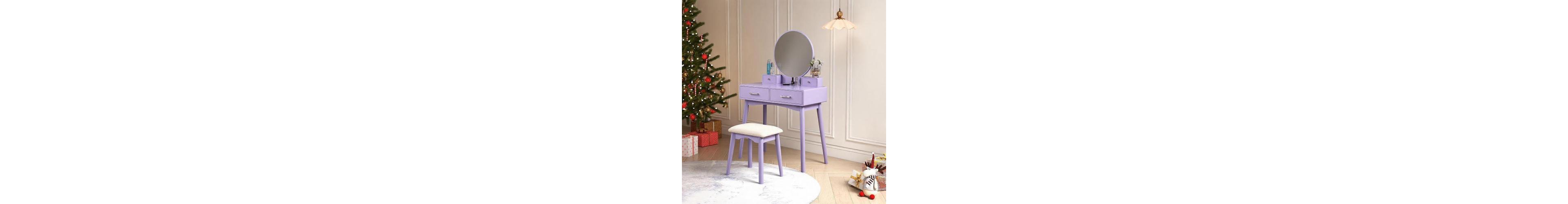 Flynama Contemporary Purple Wood Vanity and Stool Set, Round Mirror, Rubberwood Frame, 32.68"W