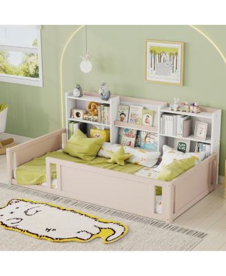Twin Wooden Kids Platform Bed with Fence Guardrail and Side Storage Shelves