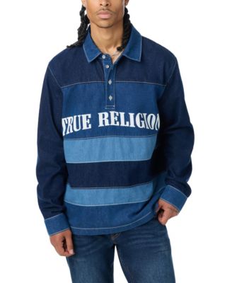 Men's Denim Striped Long-Sleeve Polo Shirt