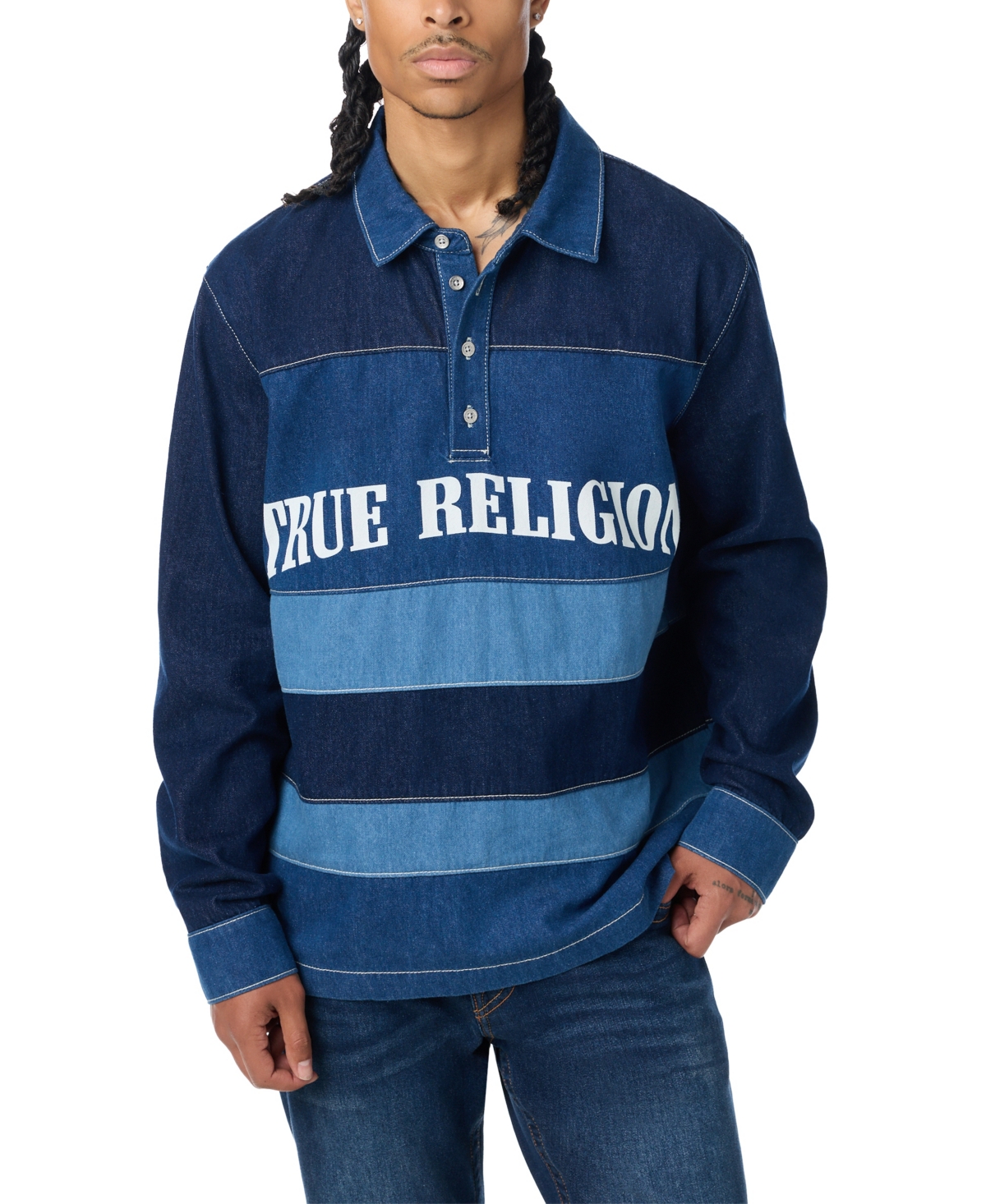 True Religion Men's Denim Striped Long-Sleeve Polo Shirt